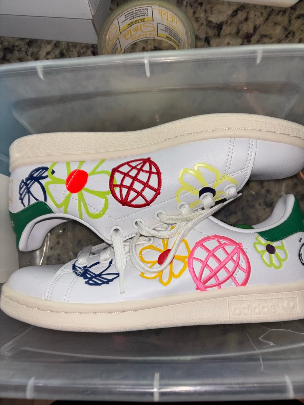 adidas White Sneakers with Multicolor Floral Embroidery Stan Smith